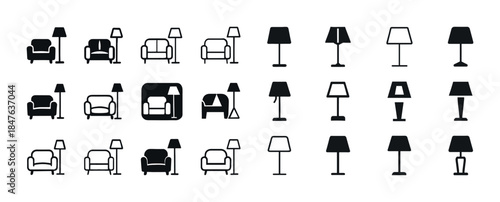 Minimalist icon set: armchairs and lamps in black and white desi
