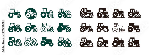 Farm tractor icons set: varied designs in green and black silhou