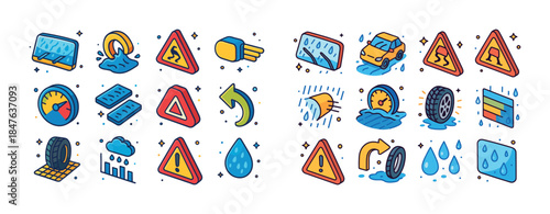 Colorful weather and speed warning icons for driving safety awar
