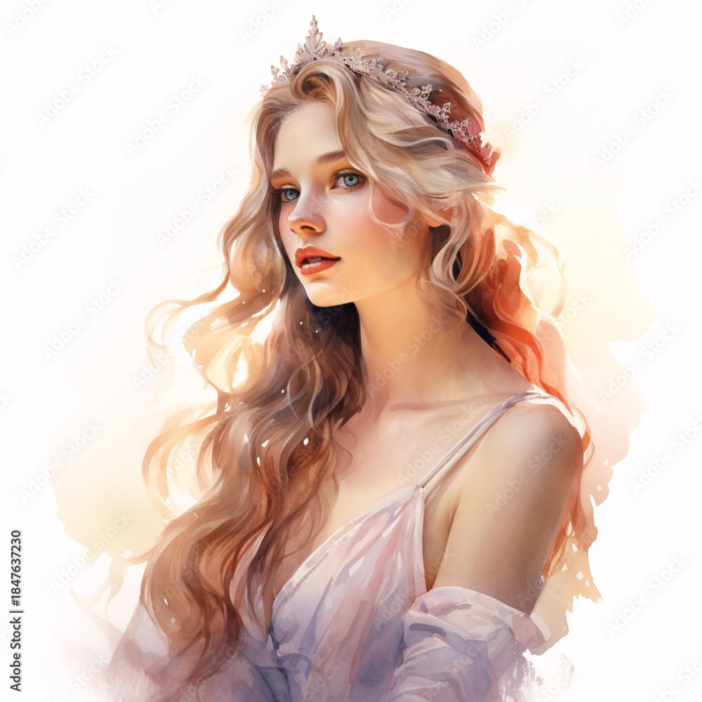 Fototapeta premium Elegant portrait of a woman with a crown in watercolor style