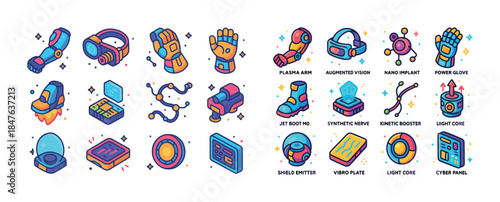 Futuristic wearable technology gadgets and icons illustration