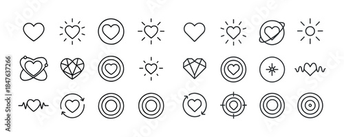 Heart and sun icon set: love, rotation, focus, pulse, geometric