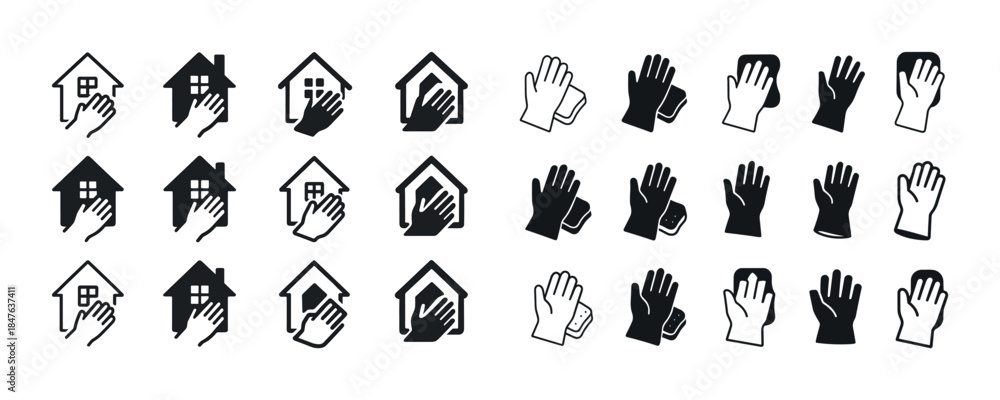 Naklejka premium Collection of hand and house icons in black and white style