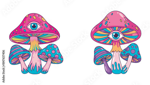 Psychedelic mushrooms with eyes and vibrant trippy colors