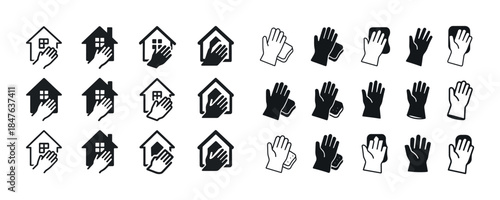Collection of hand and house icons in black and white style