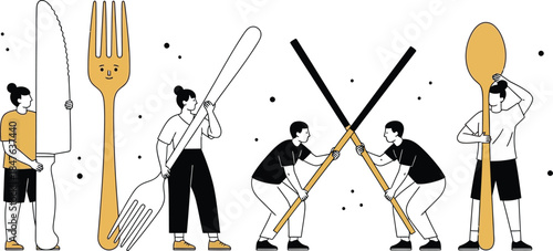 People working together with oversized kitchen utensils in playful scene