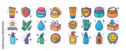 Colorful sunscreen and skincare icons set with spf and uv protec