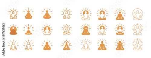 Set of meditation icons with various poses and symbols in warm t