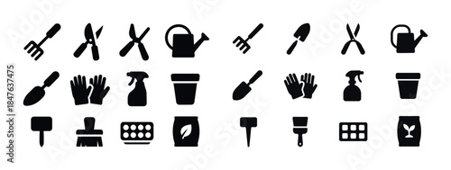 Gardening tool icons: rake, shears, watering can, gloves, trowel