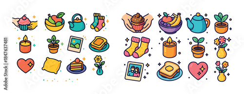 Colorful vector icons: food, drink, plants, hearts, candles, pho