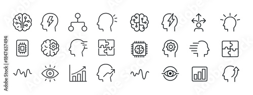 Collection of brain and mind icons representing various concepts