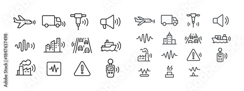 Outline icon set of transportation, construction, and alert symb