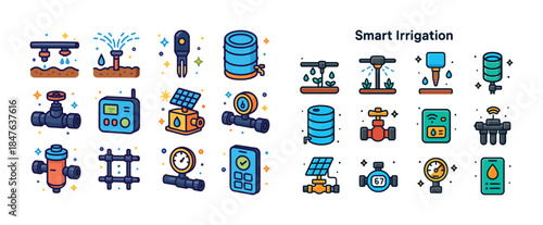 Smart irrigation system icons for efficient water management and