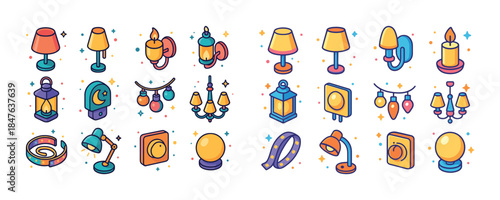 Colorful assortment of lamps and lanterns illustrations in vibra