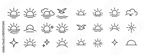 Set of minimalist sunrise and sunset icon designs with clouds an