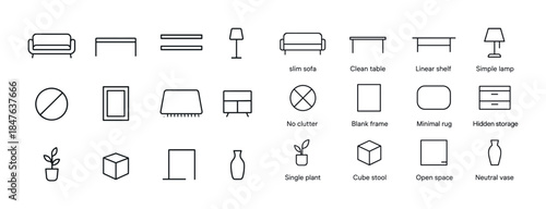 Minimalist interior icons with furniture and decor elements