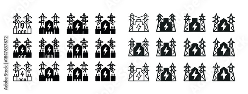 Energy icons: power plants and electricity towers in black and w
