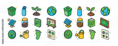 Eco-friendly icons set featuring recycling, sustainability, and