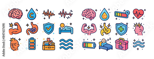 Health and wellness icons: brain, heart, muscles, sleep, battery