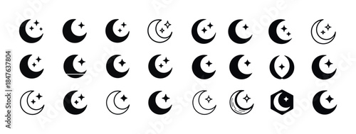 Collection of moon and star icons in various designs and styles