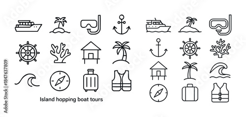 Nautical adventure icons: boats, islands, snorkeling, compass, a