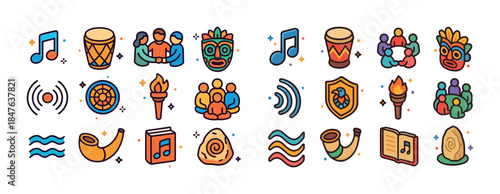 Colorful music and culture icons with instruments and people