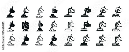 Collection of cleaning tool icons with hands in various styles f