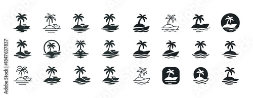 Set of palm tree and boat icons for tropical beach designs