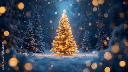 Magical Glowing Christmas Tree in Snowy Winter Forest with Golden Bokeh Lights