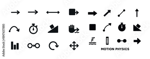 Set of motion physics icons: arrows, diagrams, and timing symbol