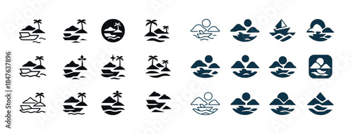 Set of beach and sea icon designs with boats and palm trees