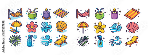 Vibrant summer icons collection featuring beach, drinks, and tro