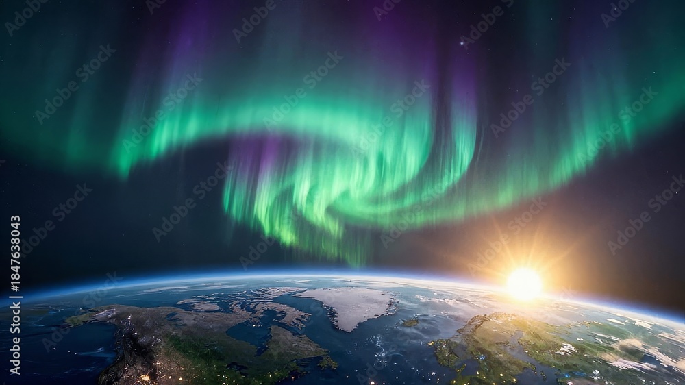 Naklejka premium Aurora Borealis dancing above the curved surface of the Earth from a distant orbit