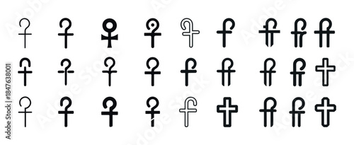 Diverse ankh and cross symbols collection in black and white