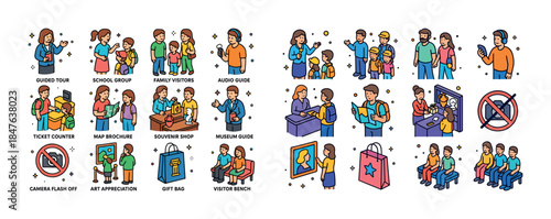 Museum visitors engaging with exhibits: tours, guides, and famil