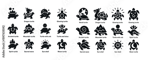 Silhouettes of various mythical turtles and symbols