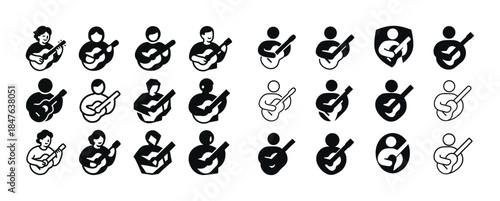 Diverse guitarist icons: black and white symbol collection