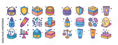 Skin care icons: creams, serums, shields, and treatments for hea