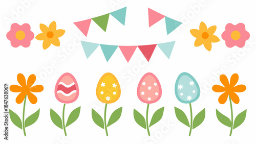 Colorful Easter eggs and flowers with festive bunting