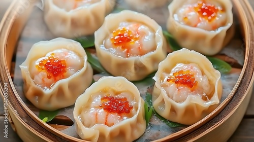 Shrimp Dumplings with Caviar Filling, HD Food Material, Chinese-style Exquisite Cantonese Dim Sum, Suitable for Restaurant Menu Design, Food Marketing Poster