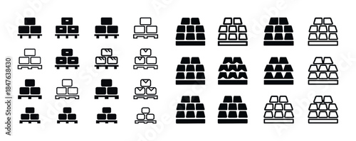 Set of various pallet and box icons in black and white