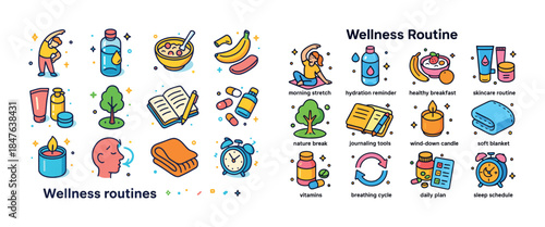 Illustrated wellness routines: healthy habits and relaxation tec
