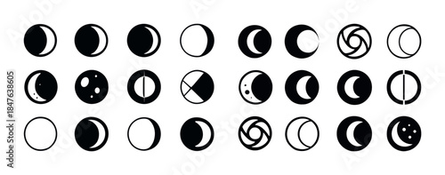 Collection of 25 black and white moon phase icons with geometric