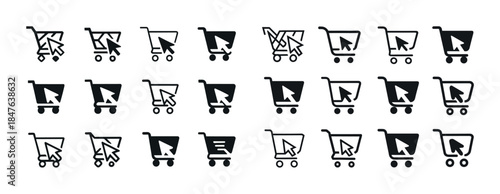 Variations of shopping cart cursor icons in black and white