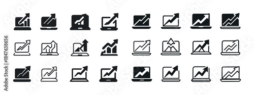 Set of 25 growth and analysis icons with graph arrows on screens