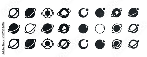 Collection of planet icons in minimalist black and white design