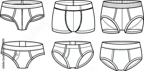 Men’s underwear fashion flat sketch, boxer brief trunk design, cad drawing apparel vector illustration, garment technical construction, clothing detail comparison