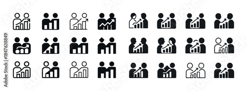 Collection of business graph icons illustrating growth and partn