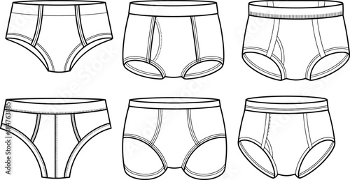 Men’s briefs underwear fashion flat sketch, multiple style comparison, cad drawing apparel vector illustration, garment technical design, clothing construction detail