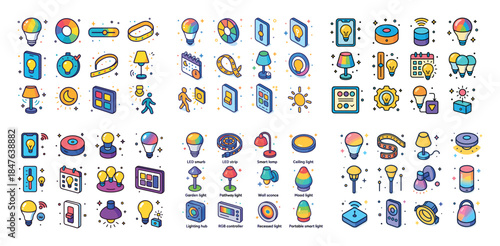 Colorful led smart light icons set with accessories and controls